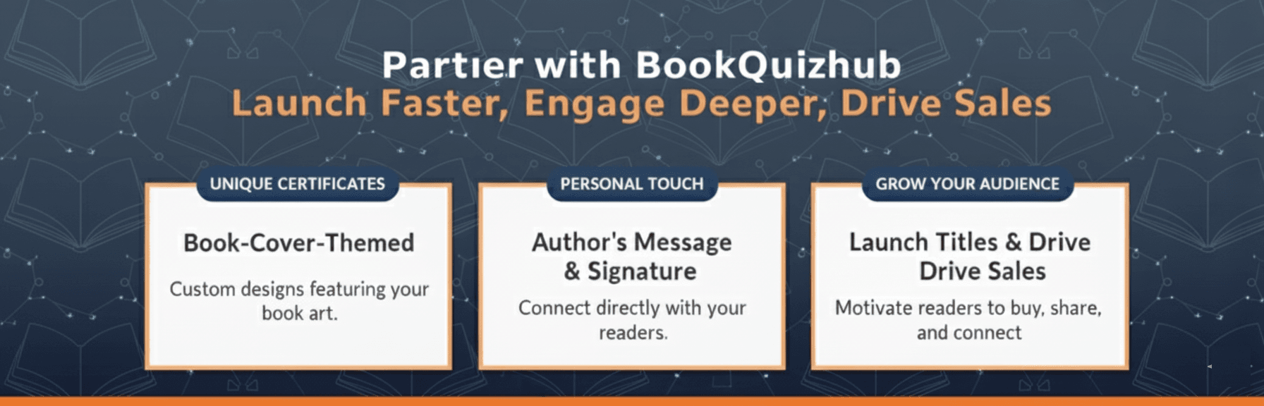 Fast onboarding. Launch in ~1 week with book-cover–themed certificates we design, plus optional author message and digital signature. We help you launch titles, reach more readers, and drive sales—many readers buy the book to earn and share the certificate.